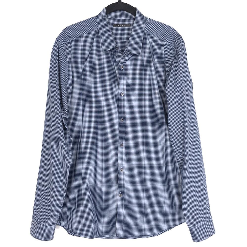 THEORY Men's Blue Micro Check Dress Shirt Cotton Zack PS-Hilton Head LARGE